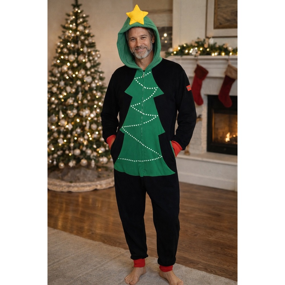 Tipsy Elves Mens Christmas Tree Onesie Fleece Jumpsuit Black Green Large‎